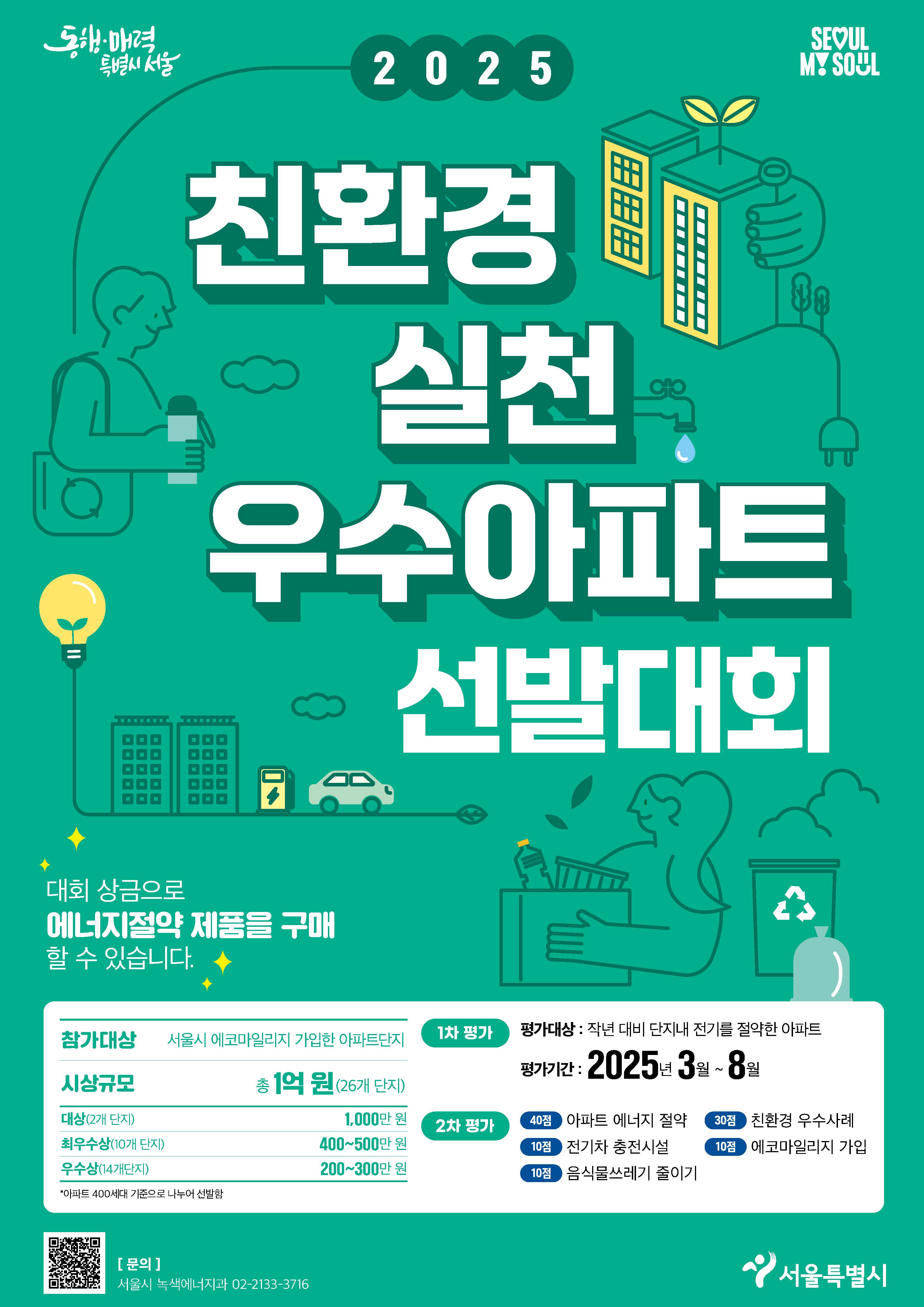 2025 친환경 실천 우수아파트 선발대회
대회 상금으로 에너지절약 제품을 구매할 수 있습니다.
참가대상: 서울시 에코마일리지 가입한 아파트 단지
시상규모 총 1억원(26개 단지)
대상(2개단지) -1,000만원
최우수상(10개단지)-400~500만원
우수상(14개단지)-200~300만원
* 아파트 400세대 기준으로 나누어 선발함
[1차 평가] 평가대상: 작년대비 단지내 전기를 절약한 아파트
평가기간 : 2025년 3월~ 8월
[2차평가] 40점 : 아파트 에너지절약, 30점: 친환경 우수사례, 10점: 전기차 충전시설, 10점: 에코마일리지 가입, 10점 : 음식물 쓰레기 줄이기
문의: 서울시 녹색에너지과 02-2133-3716